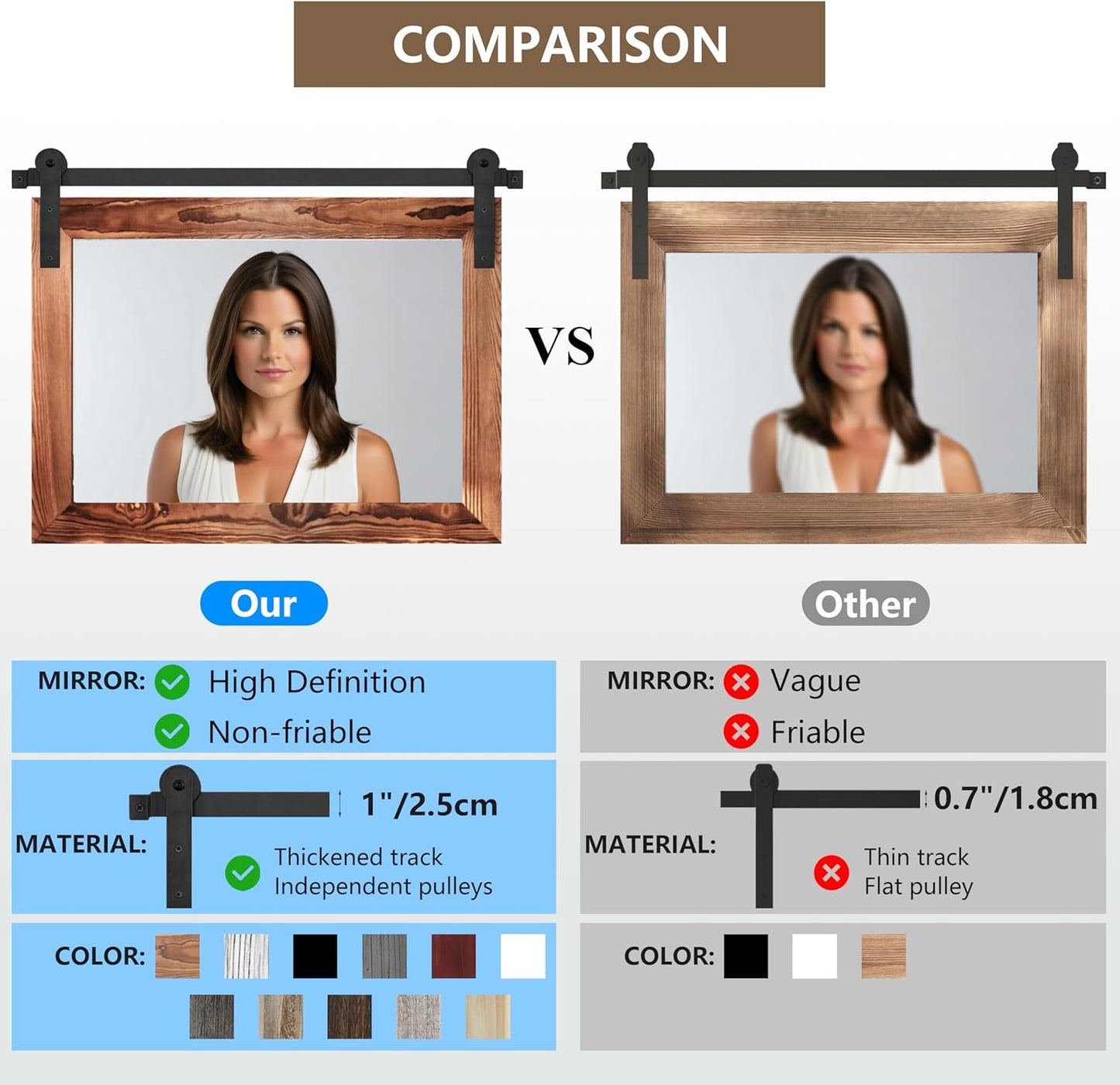 COGOOD Farmhouse Barn Door Mirror - 41" x 26" Rustic Wood Framed Wall Mirror for Bathroom, Living Room, Bedroom Wall Decor (Brown)