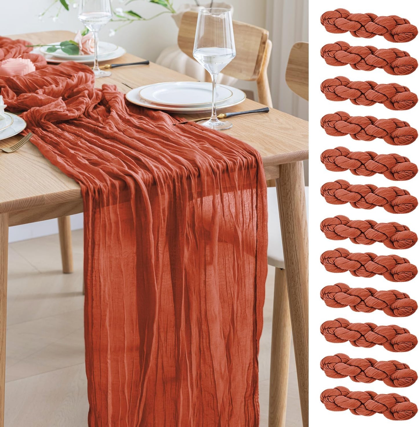 Asee'm 12pcs Cheesecloth Table Runner 120 Inches Long Terracotta Boho Gauze Cheese Cloth Runner 10FT Rustic Sheer Fall Table Runners for Thanksgiving Christmas Wedding Party Baby Shower Decoration