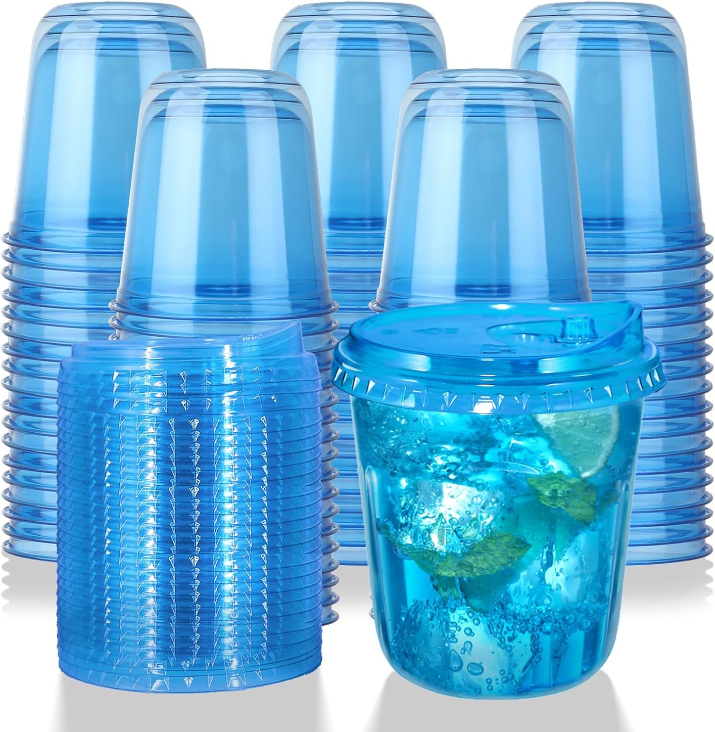 12oz Disposable Stemless Glasses With Strawless Sip Lids,PET Disposable Drinking Cups,Clear Plastic Wine Glasses for Parties Birthday,Wedding,Meeting,Christmas Party Supplies. (100, Blue)