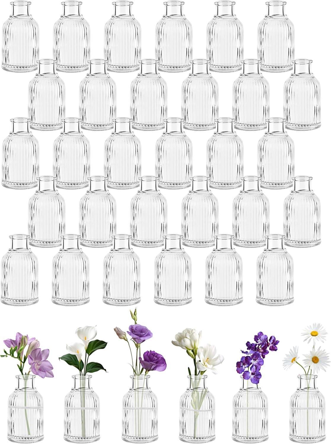 Glass Bud Vases Set of 36, Small Flower Vase in Bulk, Clear Mini Ribbed VaseS for Centerpieces, Modern Wedding Reception Table Decorations