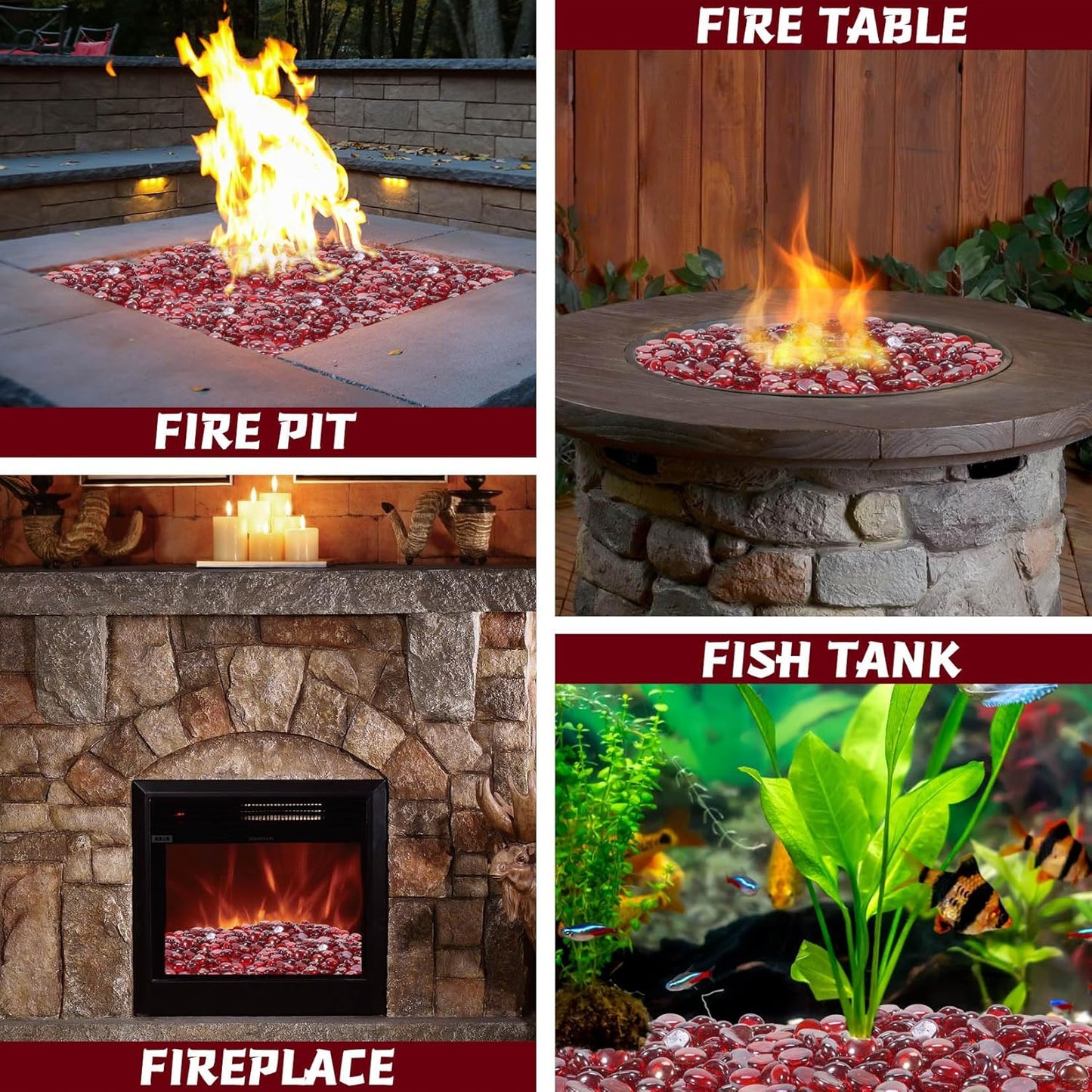 Fire Pit Glass Beads, Red Luster Reflective Tempered Glass Rocks for Natural, Propane or Gas Fireplace, Fire Pit Table, Marbles for Vase, Landscaping, Home Decor, 20lb