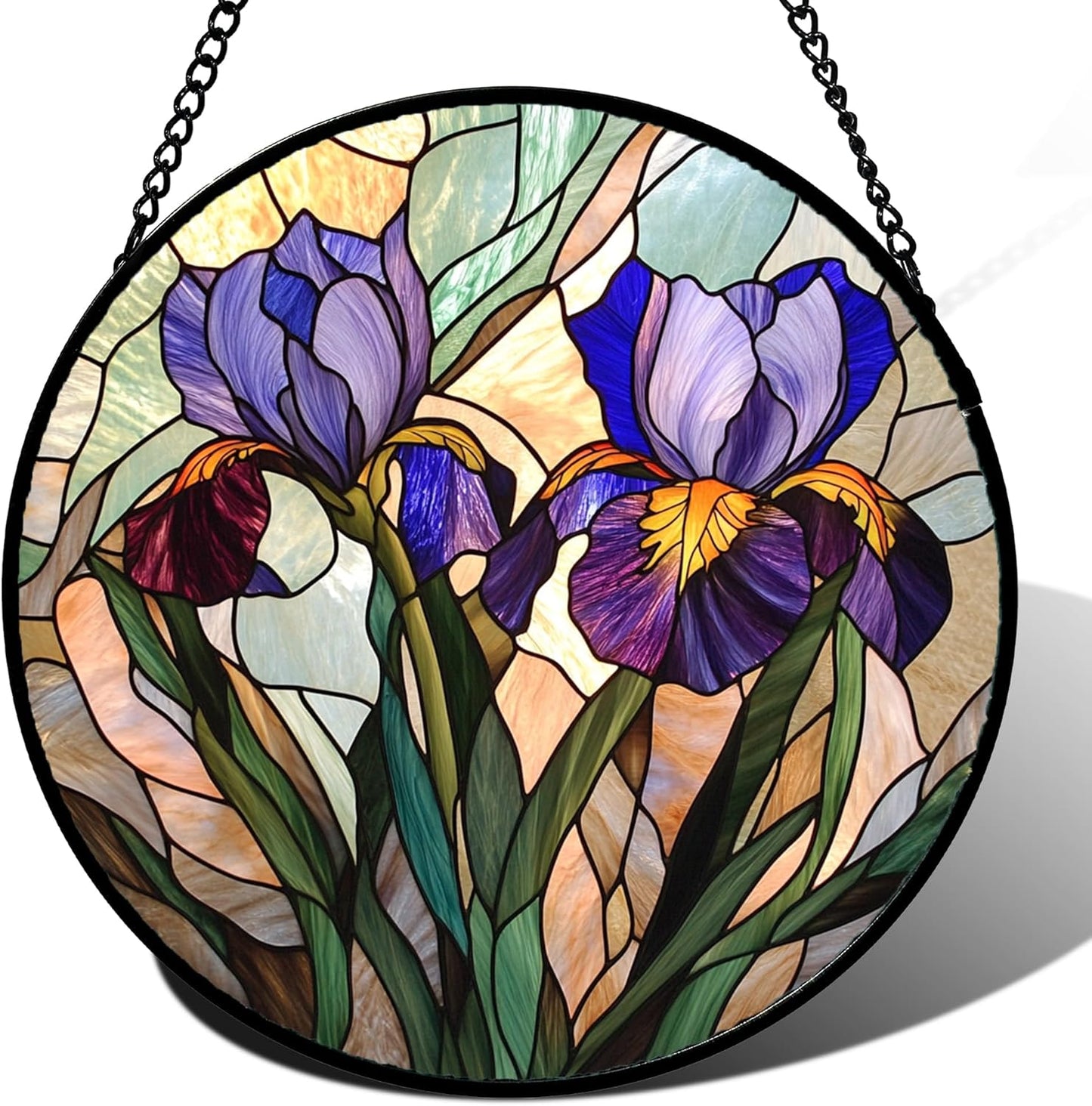 Stained Glass Window Hanging, Purple Blue Iris Birth Flower Suncatcher for Doors Garden Yard Sun Catchers Decor Christmas Mother's Day Birthday Gifts for Teacher Women Mom Nana Wife 11.8 in