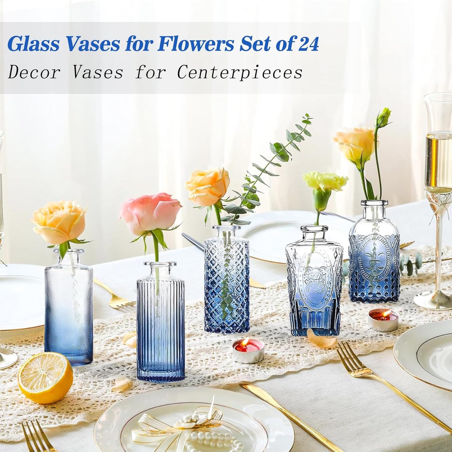 Bud Vases Set of 24, Gradient Blue Vintage Small Vases for Flowers, Clear Crystal Mini Glasses in Bulk, Small Flower Design for Centerpieces Wedding Home Flower Party Decor