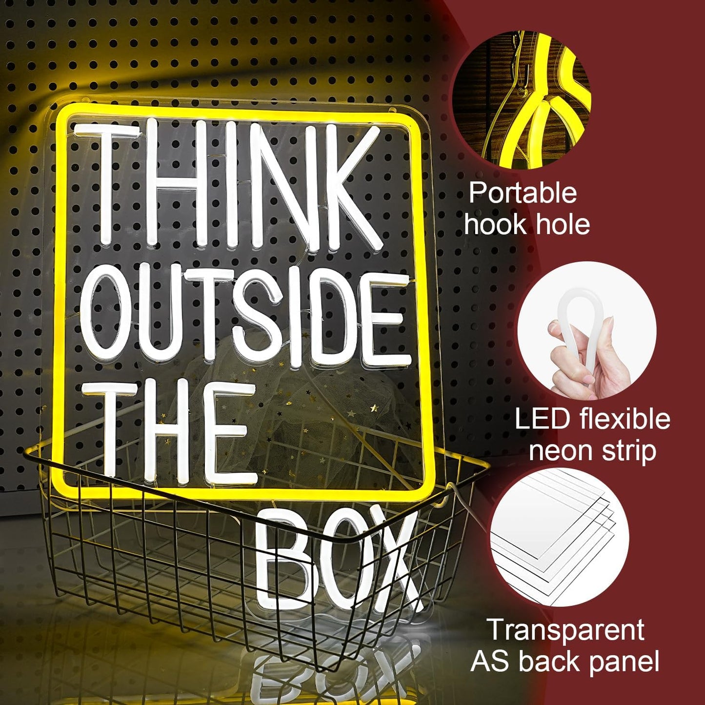 Think Outside The Box Neon Sign Dimmable White Words Neon Light for Wall Decor Led Think Light Up Sign for Study Room Classroom Library Meeting Room Bedroom (16.1 * 11.8 In)