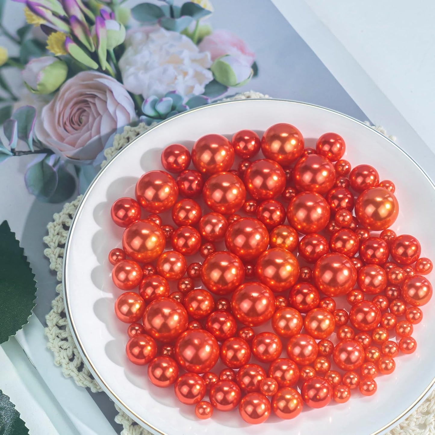 150Pcs Orange Polished No Hole Faux Pearl Beads for Vase Filling Decorations, Plastic Pearls Vase Fillers, Table Scatters, Wedding Centerpiece, Home Decor, 8/14/20 mm