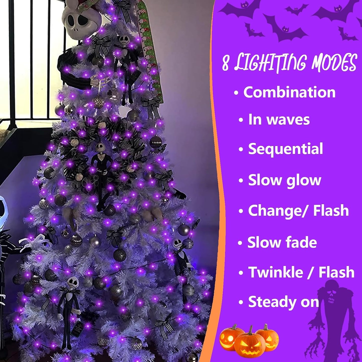 YEGUO 66ft 200 LED Purple Halloween Lights Outdoor Waterproof, Green Wire Christmas String Lights Indoor, 8 Modes Twinkle Tree Lights Plug in with Timer Memory