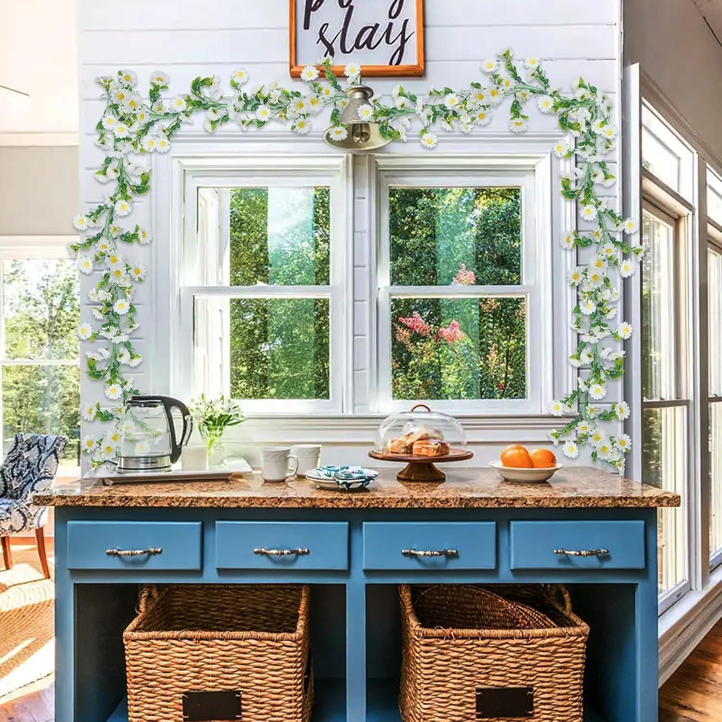 2 Pack White Flower Garland Artificial Daisy Silk Wildflower Hanging Flowers Fake Floral Vines Garland for Table Decoration Backdrop Wall Home Party Wedding Indoor Outdoor DIY Cemetery Decor