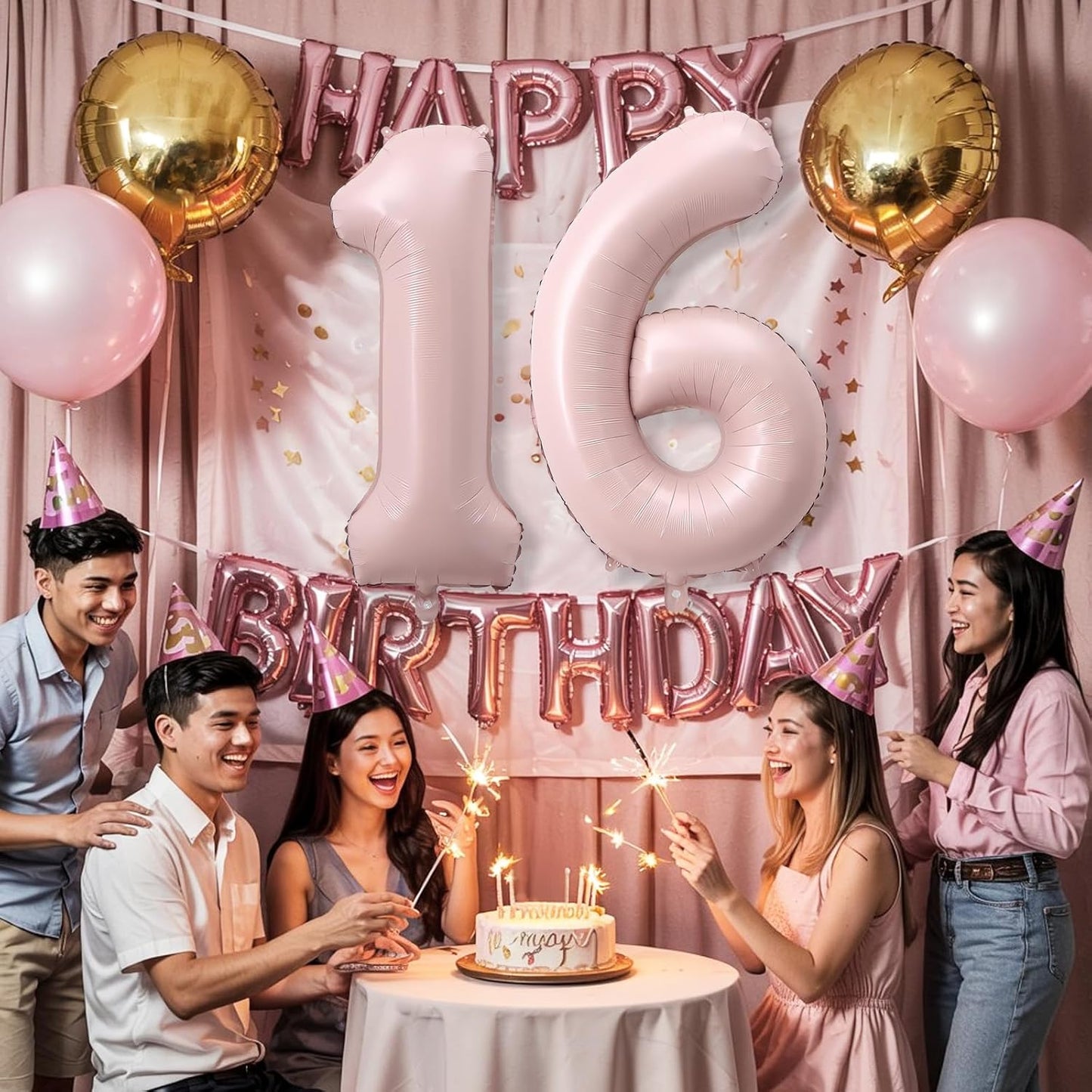 Light Pink Sweet 16th Birthday Balloon for Girls, 40 Inch Self Inflating Mylar Number 16 Balloons, Big Blush Pastel Pink Foil 1 & 6 Helium Balloon 16 for Women Coquette 16th Birthday Party Decorations