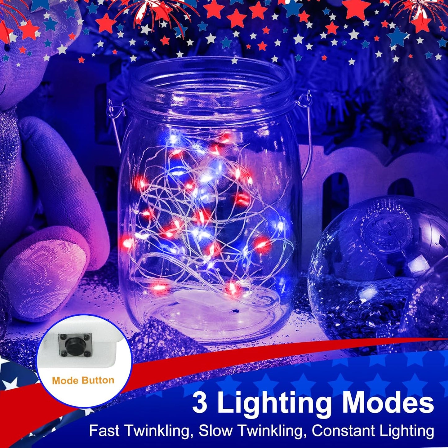 btfarm 4th of July Patriotic Fairy Lights Battery Operated, 30 Pack Red White Blue 3 Modes Twinkle String Lights, 7ft 20 Led Independence Day Mini for Mason Jars Vases Table Centerpiece Decorations