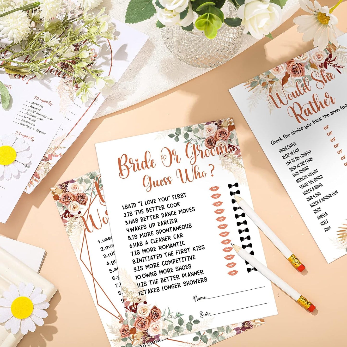 Teling 145 Pieces Bridal Shower Game Bridal Shower Favors Set Wedding Games Cards and Pencils for Bride Groom Bachelorette Party Wedding Party Favor(Boho Style)