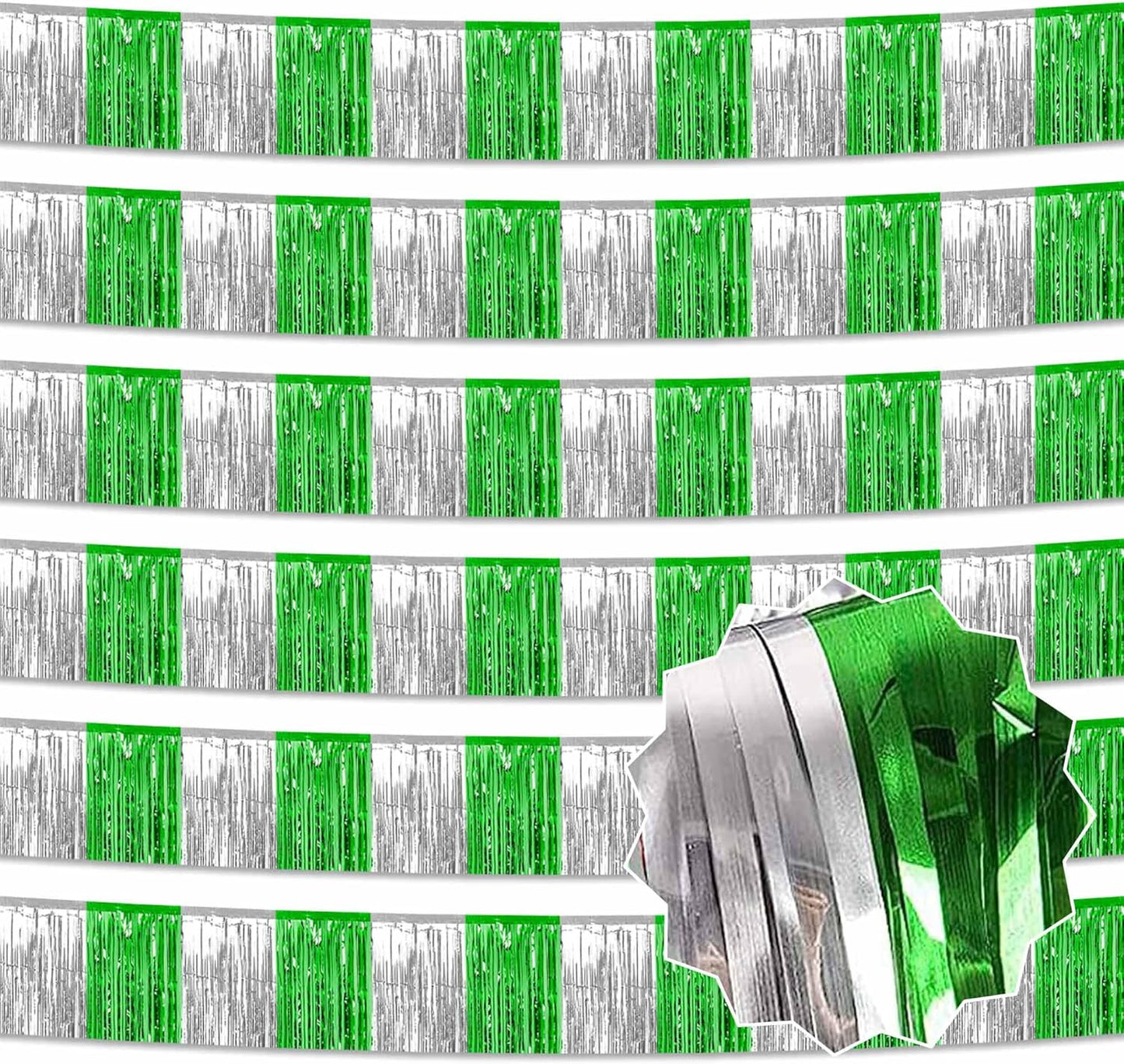 6 Pack 10 Ft Silver Green Foil Fringe Garland Metallic Streamers Tinsel Banner Wall Hanging Garland Backdrop for Parade Floats, Halloween, Christmas, Thanksgiving, New Year Party Decorations