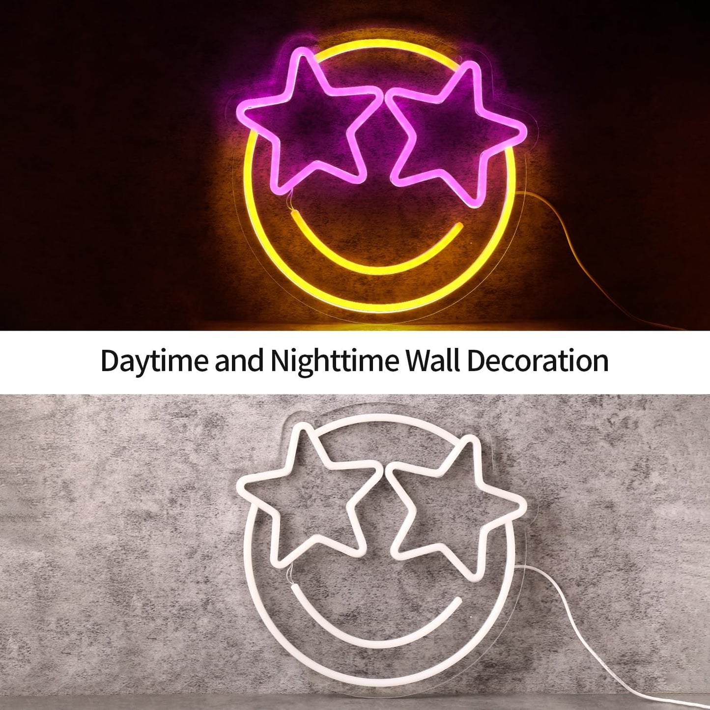 Smile Face Neon Sign, Wootfairy Led Neon Signs for Wall Decor, Dimmable Neon Light for Bedroom, Gaming Room, Kids Room, Bar Decoration, Yellow and Pink Light Up Signs for Wedding Birthday Party