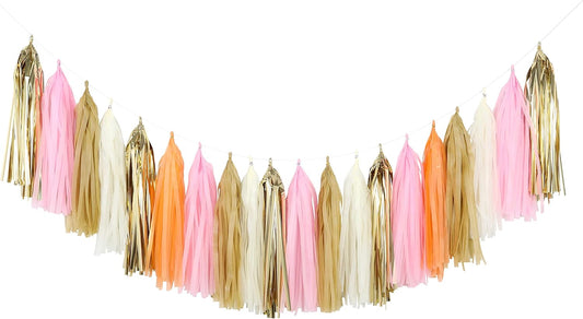 Fonder Mols 25pcs Tissue Paper Tassels Garland DIY Kit for Vintage Wedding, Rustic Girl First Birthday Decoration, Pink and Peach Baby Shower Decor A19