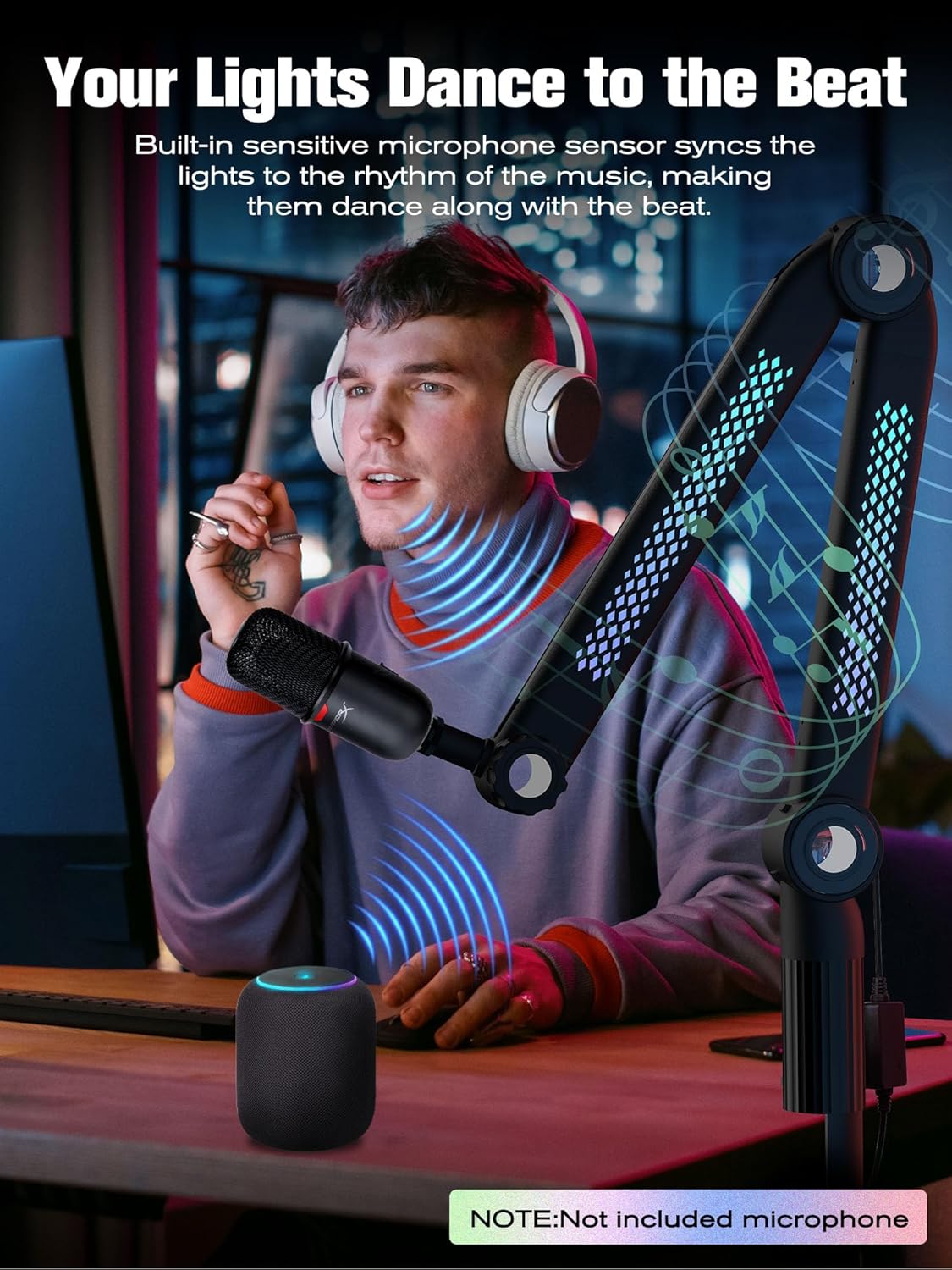 SUNMON RGB Mic Arm – Adjustable Boom Arm with Rhythm RGB Lighting for Blue Yeti, HyperX QuadCast, Rode, Fifine AM8, and More – Perfect for Podcasting, Streaming, and Gaming