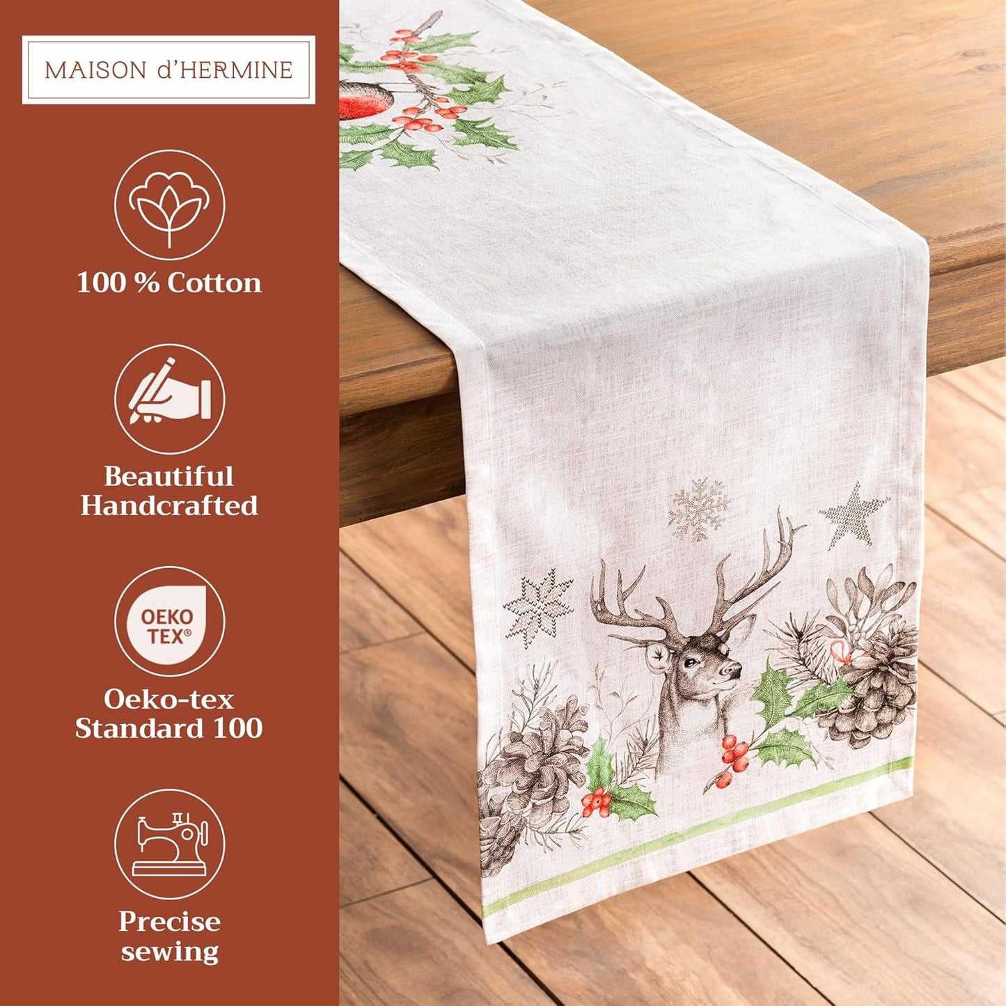 Maison d' Hermine Table Runner 100% Cotton Single Layer Table Runners 108 inches Long for Thanksgiving Christmas Decorations Home Kitchen Dining Party Wedding (Christmas Dew, 14.5" x 108")