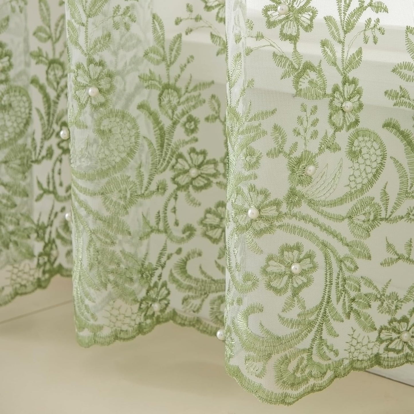 VISIONTEX White Sheer Voile Curtains, Decorative Green Embossed Butterflies Rod Pocket Window Drapes for Home Kitchen, Living Room and Bedroom 54 x 95 Inch, Set of 2 Curtain Panels
