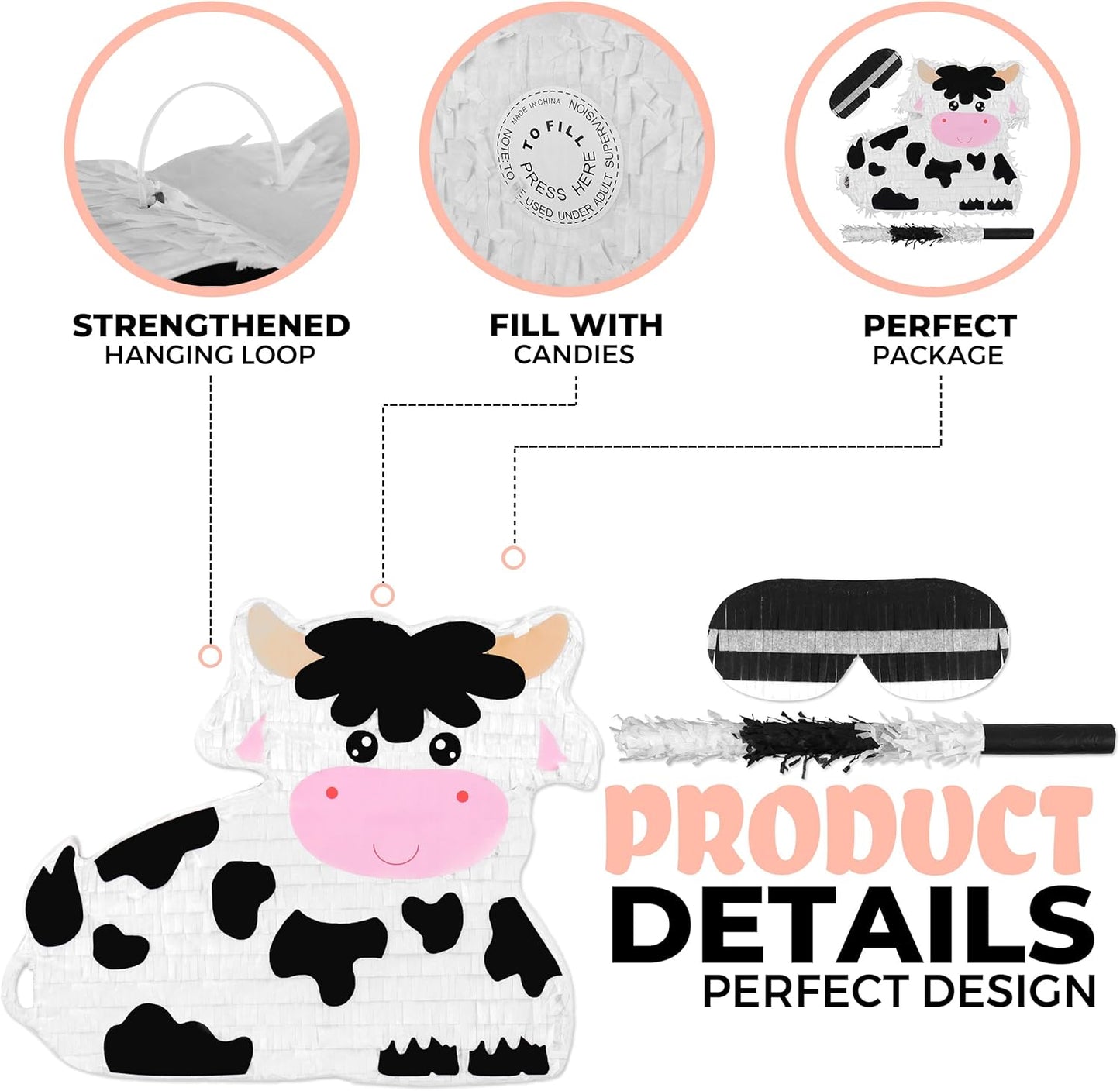 Milk Cow Pinatas Bundle with a Blindfold and a Bat (16 x 13 x 4 Inches), Perfect for kid's Birthday Parties, Mexican Theme Parties, Decorations