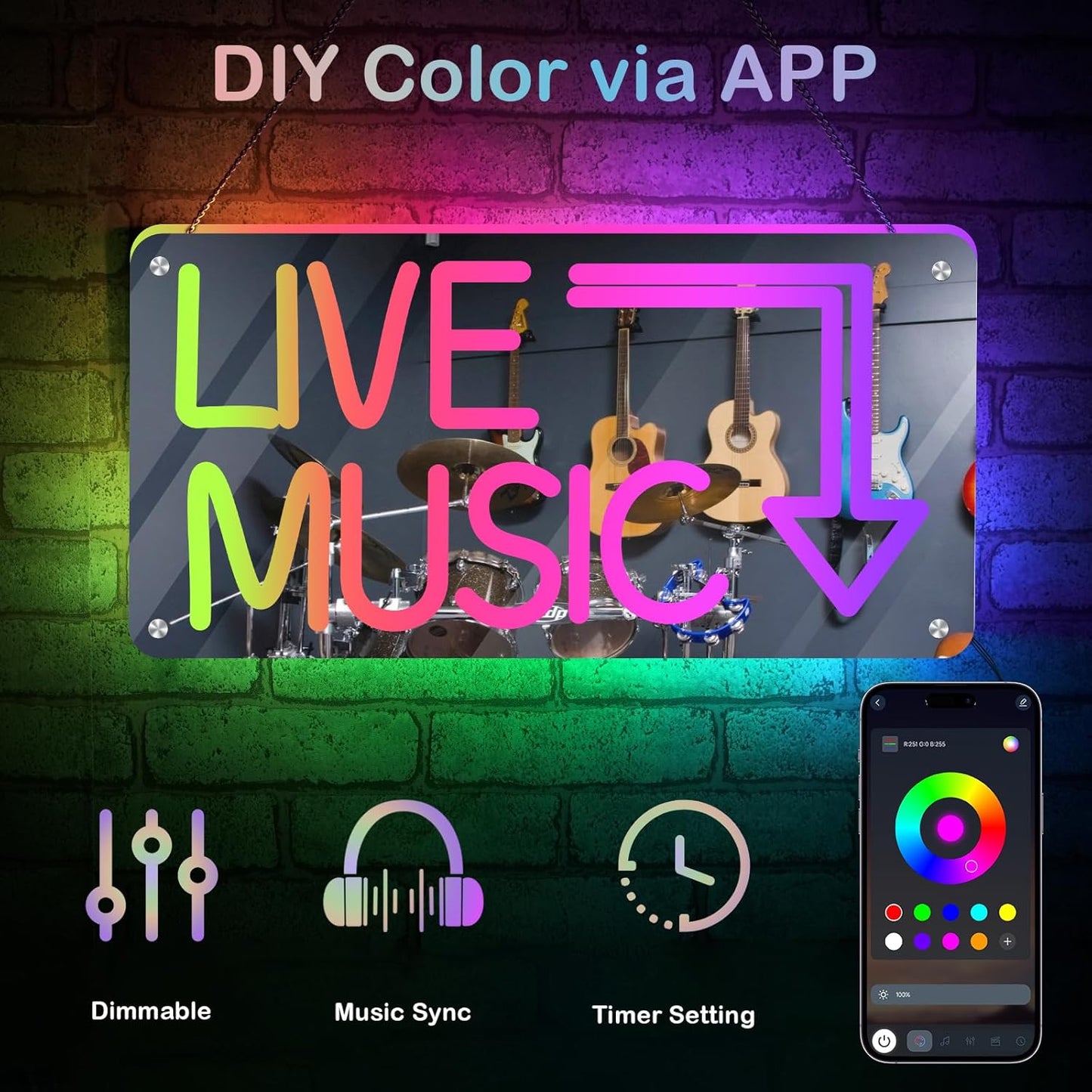 Live Music Neon Sign, Mirror LED Light Wall Décor with App-Controlled DIY Color, for Bars, Studios, Home