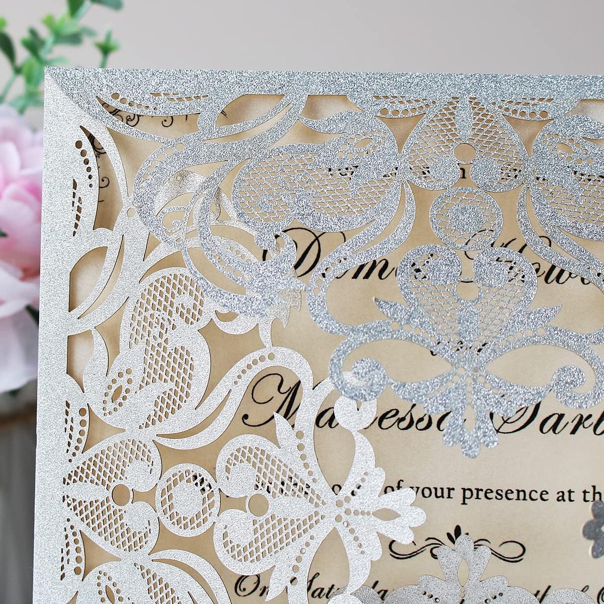 Hosmsua 50PCS Personalized Silver Glitter Laser Cut Wedding Invitation Cards With Envelopes 6.3 x 6.3 Inch Hollow Lace Rose Pocket and for Quinceanera Wedding Invite (Silver Glitter)