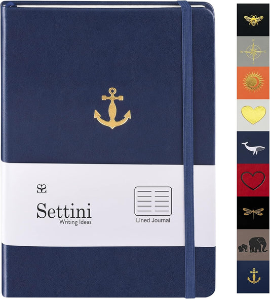 SETTINI Lined Journal, Ideal for Journaling - A5 Vegan Leather Notebook, 192 Archival-Quality Pages, QuillEase Bleed-Free Paper, Inner Pocket & Bookmark - US Navy Gifts, Navy Anchor
