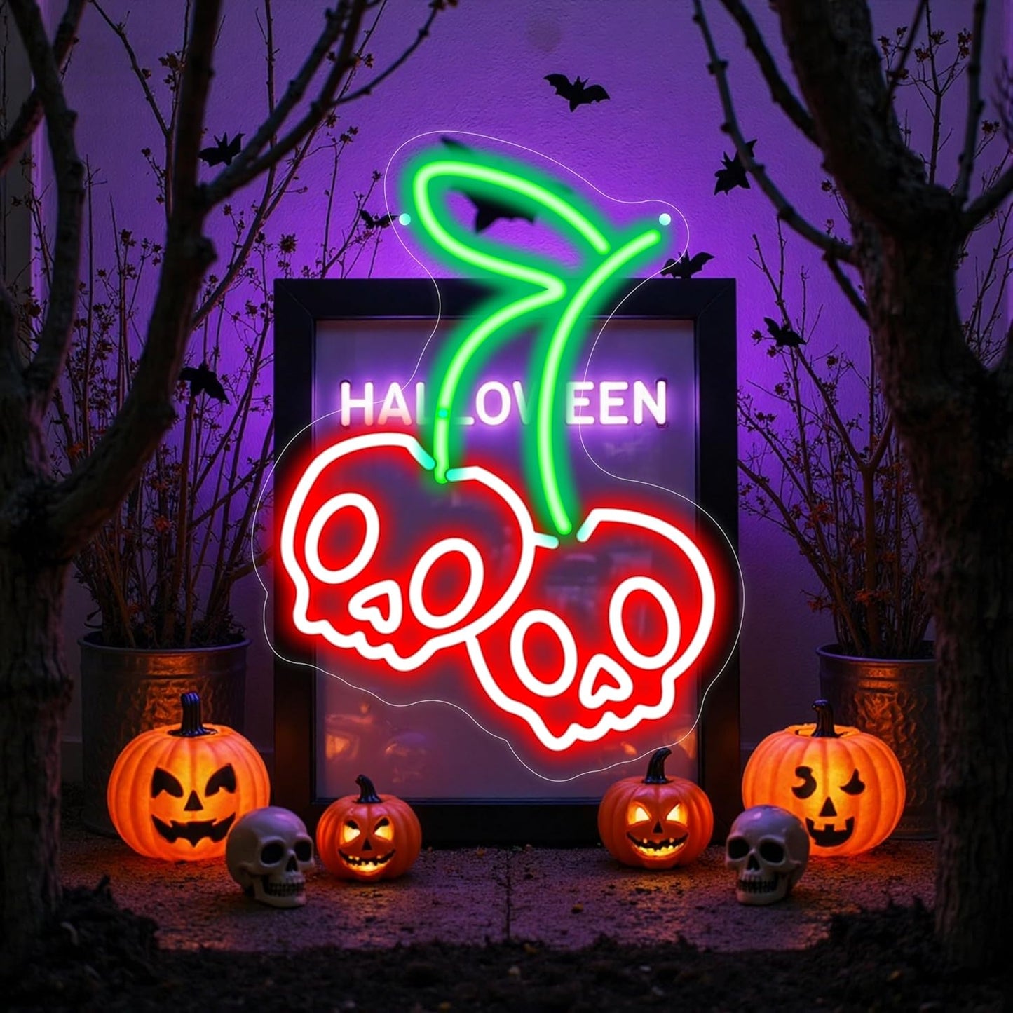 Halloween Cherry Skull Neon Sign, Gothic Neon Sign, Halloween Skull Lover Gifts, Skull Room Wall Decor for Man Cave Beer Bar Club Game Room Halloween Party Decor Gifts-Large-17.72IN