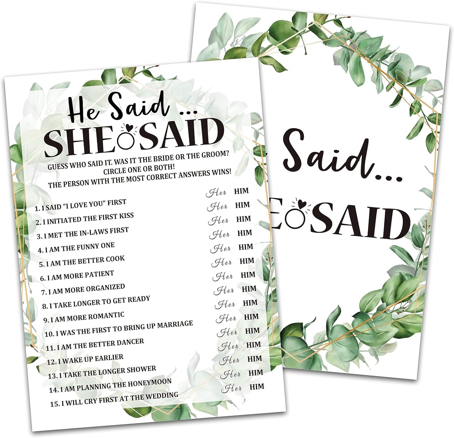 Bridal Shower Game Cards, He Said She Said Game, Tropical Jungle Theme Engagement Party Cards For Wedding, Set of 30 (Leaf002)