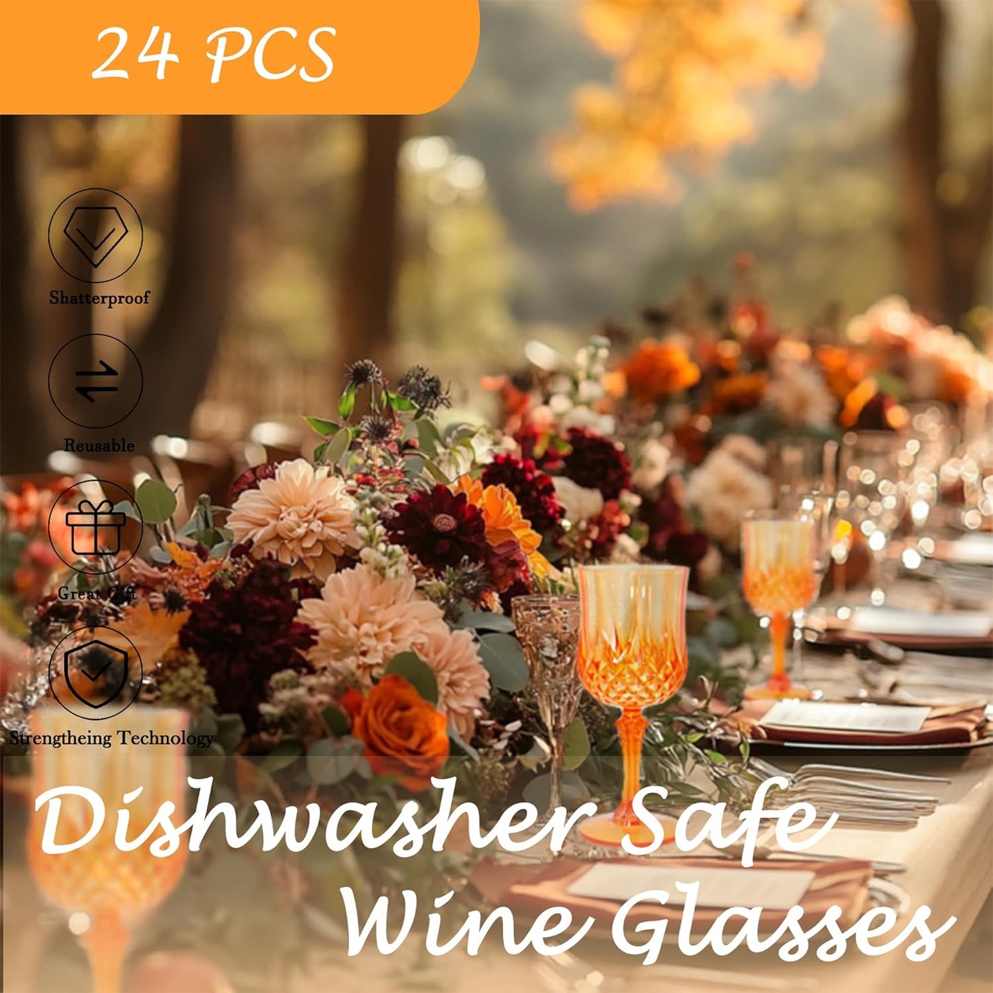 Plastic Wine Glasses，Orange Goblets Vintage Style Cordial Drinking Glasses for Wedding Reception, Halloween Grand Event Party Supplies (24, Pumpkin orange)