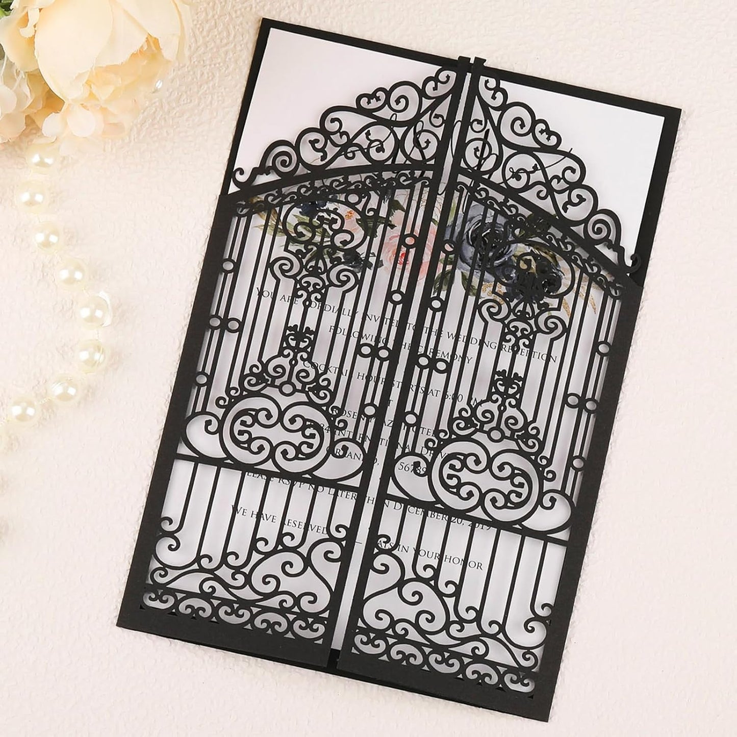 50Pcs Wedding Invitation Kit Black Fences Fold Laser Cut Invitation Pocket Personalized Wedding Card and Rsvp Card for Wedding Engagement Mermaid Birthday Party Invites