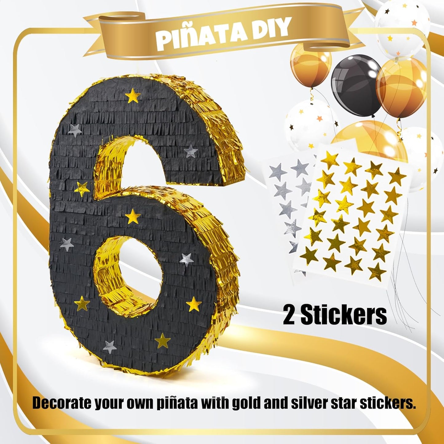 PCFING 20 Inch Number 6 Piñata Gold Black with 30 Inch Piñata Stick Blindfold Confetti for Man Women Boys Girls Birthday Party Decorations, Anniversary Celebration, Fiesta