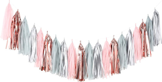 Fonder Mols Tissue Paper Tassel Garland DIY Kit Balloon Tail Banner(20pcs, Gray Pink Rose Gold Silver) for Baby Shower Birthday Bridal Shower Bachelorette Party Decorations A04