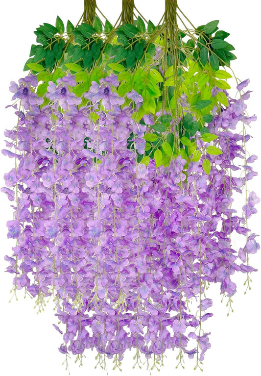 12 Pack Light Purple Wisteria Hanging Flowers Garland, 3.77 Feet Artificial Flower Vines, Fake Wisteria, Artificial Vines Hanging Garland for Backdrop Outdoor Yard Garden Decor