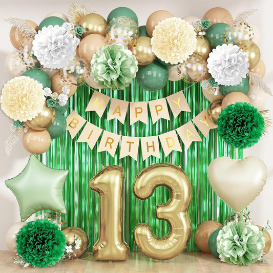 Sage Green 13th Birthday Decorations for Boys Girls Gold Number 13 Balloon Nude Gold Happy Birthday Banner Fringe Curtain Paper Pom Poms Olive Green Cream White Sand Star Foil Balloons Party Decor