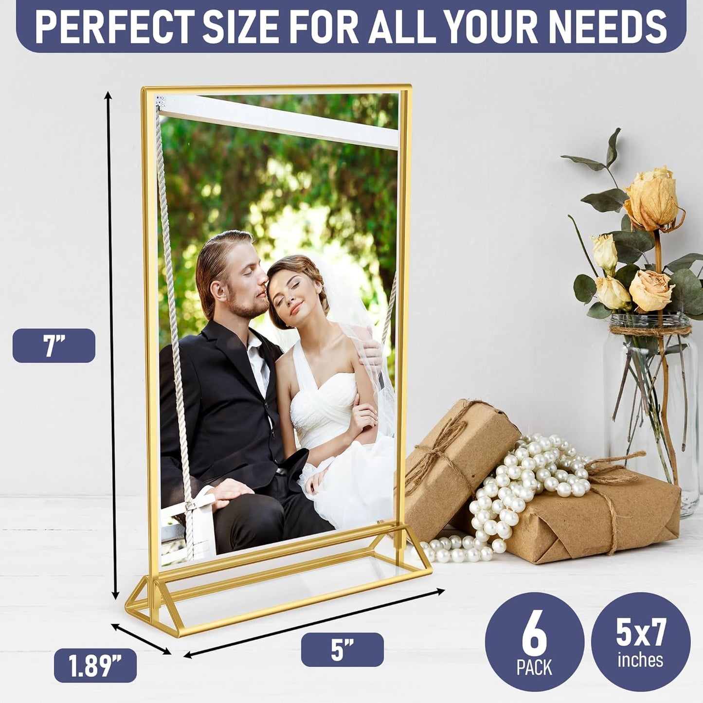 Gold Picture Frames Double-Sided, 6-Pack 5x7 Acrylic Table Number Holders, Clear Easel Stands for Signs, Gold Frames for Wedding Table Numbers, Menu Holders, and Photo Displays for Events and Décor