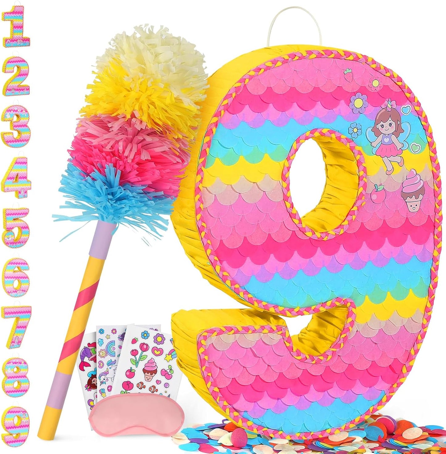 Number 9 Pinata for Birthday Party Decorations, Unicorn Mermaid Theme Pink Piñata Games Toy (9th)