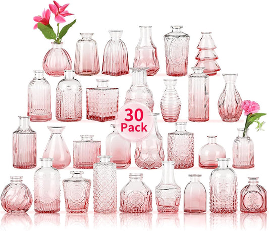 Glass Bud Vases in Bulk Set of 30 Pcs,Small Glass Vases for Flowers as Wedding Centerpieces for Tables,Clear Flower Vases Suitble for Wedding Decorations,Home Decor (Light Rose-red, 30 pcs)