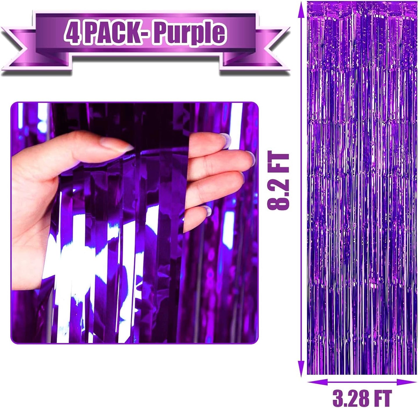 4 Pack Purple Foil Fringe Curtain Backdrop, 3.28Ft x 8.2Ft Metallic Tinsel Foil Fringe Streamer for Party, Photo Booth Props, Birthday, 2022 Graduation Decoration Party Supplies