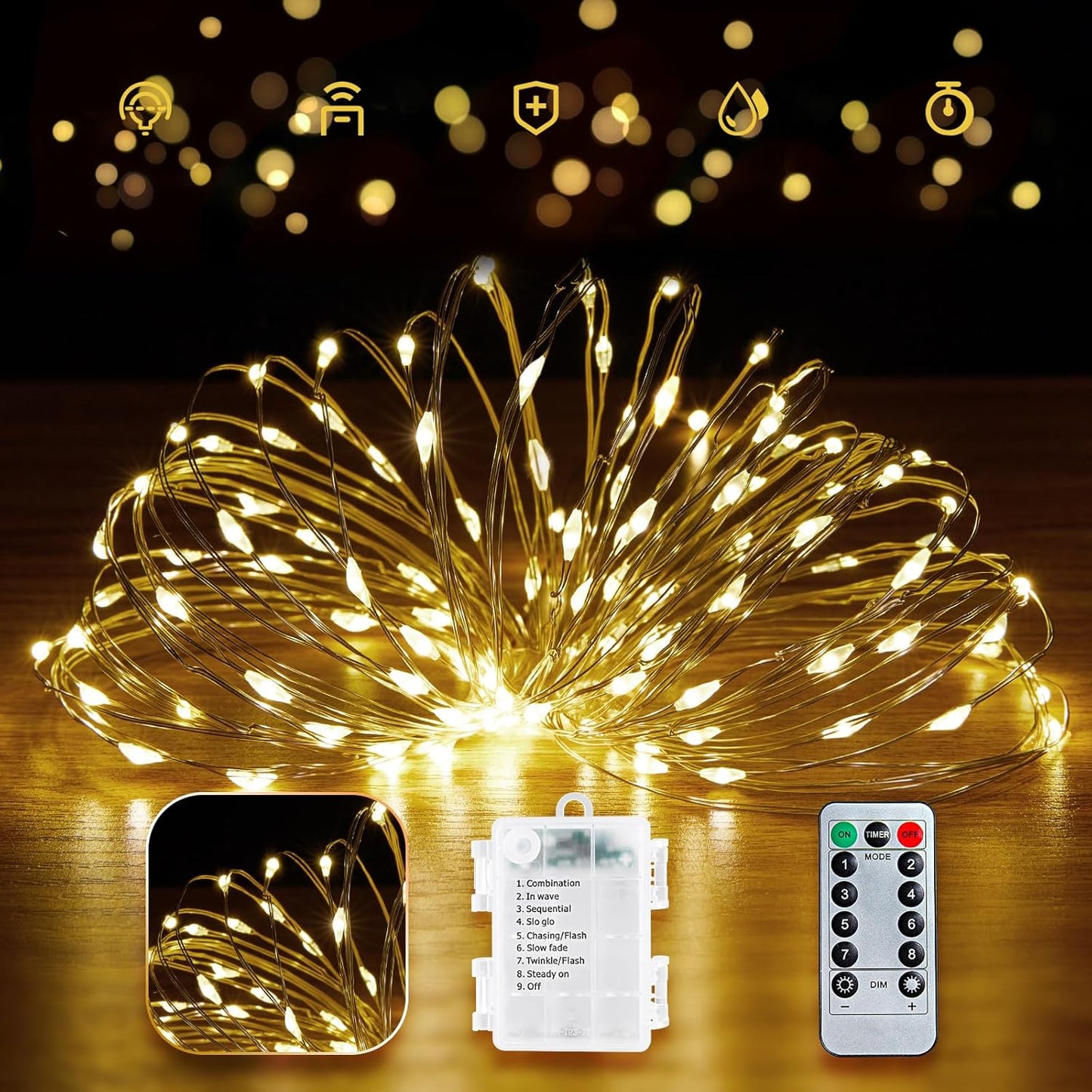 Minetom Fairy Lights Battery Operated with Remote, 66Ft 200 LED Waterproof String Lights Indoor Outdoor, Starry Twinkle Light for Christmas Home Bedroom Wedding DIY Centerpiece Decor