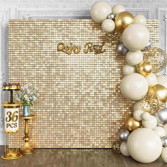Qcity Champagne Gold Shimmer Wall Backdrop 36PCS, Black Back Not See-Through Design, Square Sequin Glitter Backdrop Panel, Perfect for Outdoor Events, Birthdays, Wedding and Party Decoration
