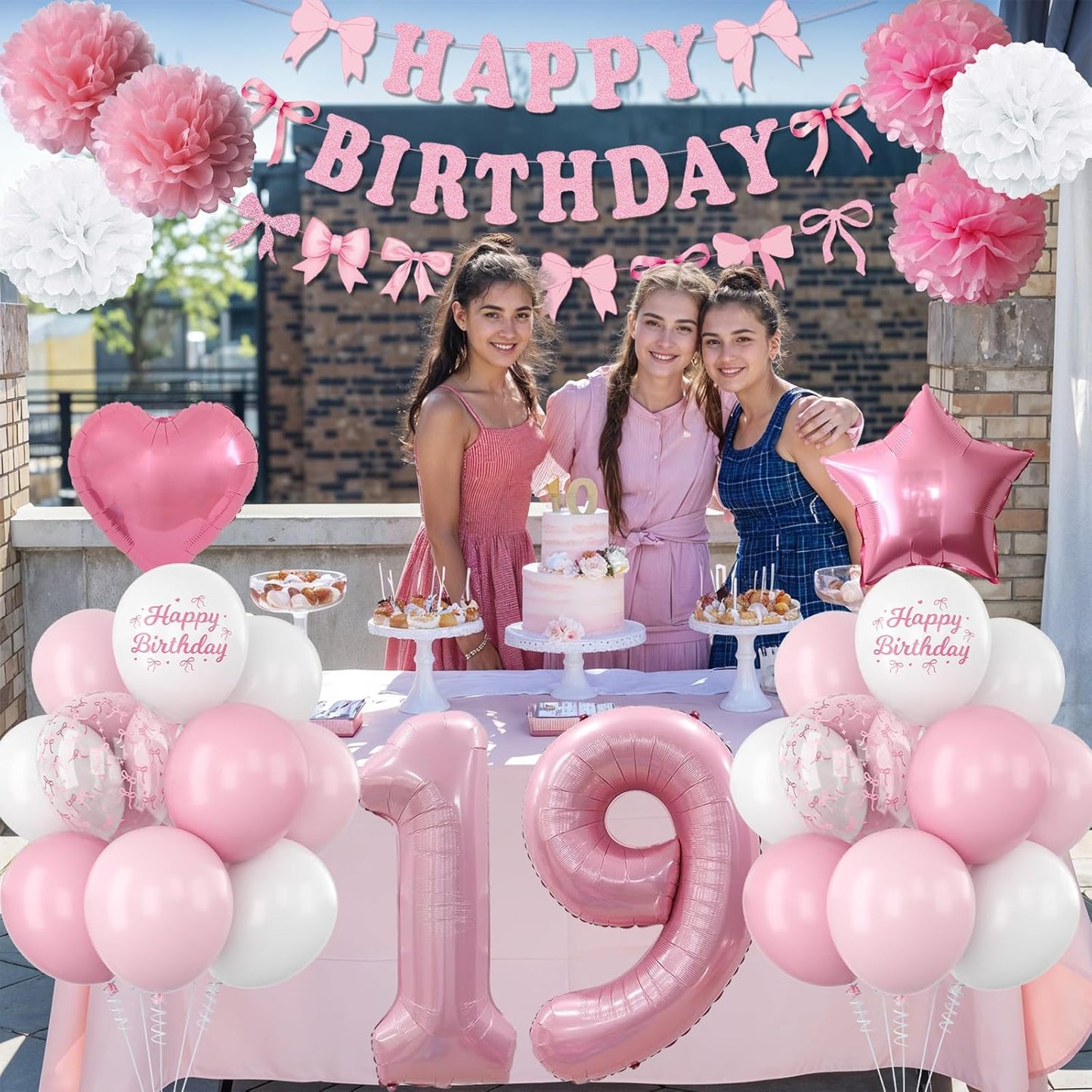 19th Birthday Decorations for Girls Pink Number 19 Balloon Bow Coquette Happy Birthday Banner Fringe Curtain Paper Pom Poms Star Heart Foil Pink White Balloons 19 Year Old Party Decor for Her