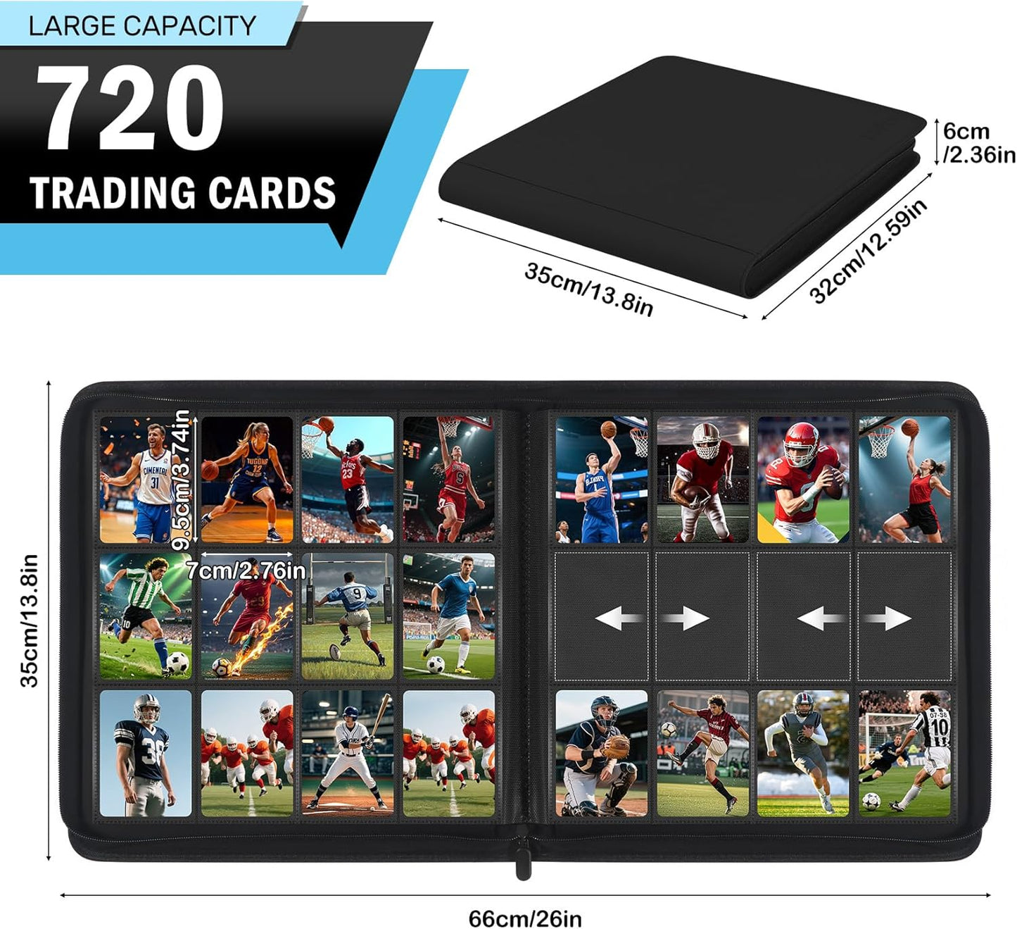 Trading Card Binder 12 Pocket, Zipper Binder Card Album Holds 720 Cards, 30 Pack Acid-Free Pages with Side Loading, Premium Leather Cover Card Folder for TCG/MTG/Sports Cards Collection, Black