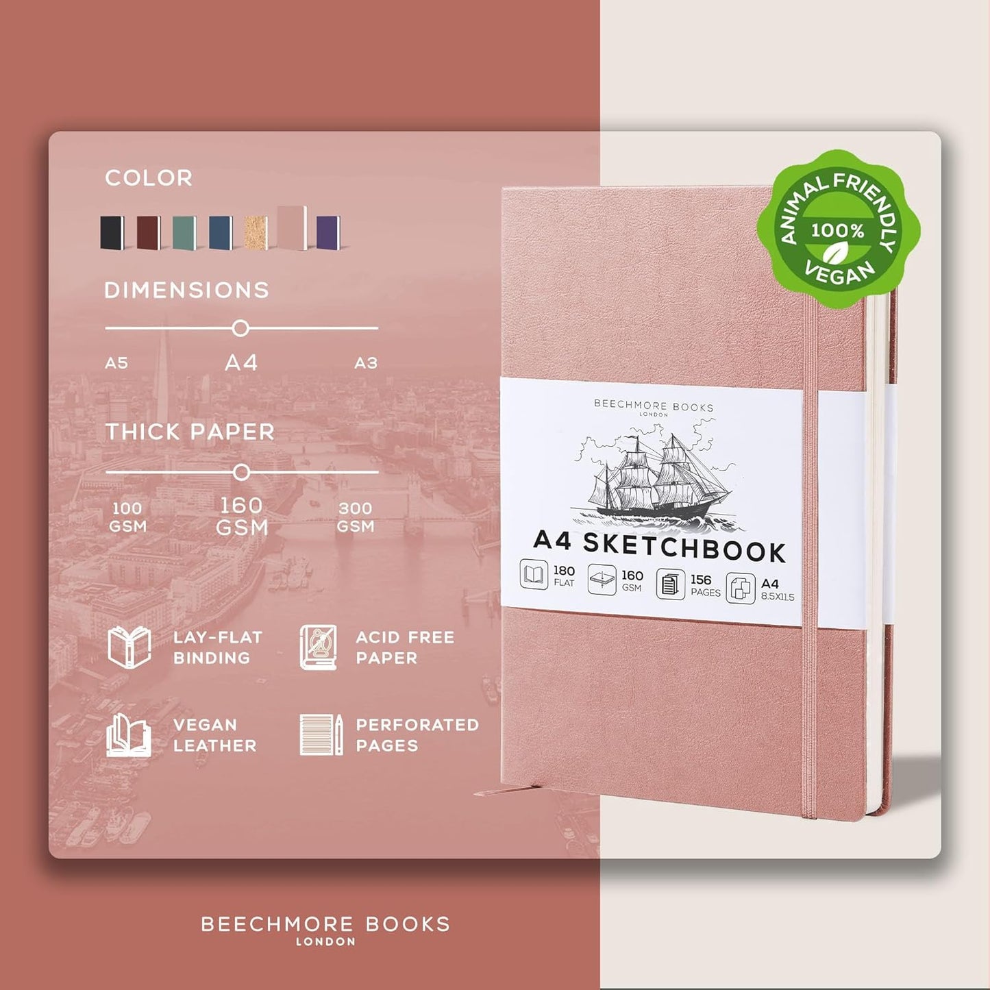 Beechmore Books A4 Sketchbook – 8.5x11 Premium Vegan Leather Bound Large Sketch Book Hardcover with 156 Thick 160gsm Perforated Ivory Pages, Blank Sketch Pad, Gift Boxed, Back Pocket, Ribbon Bookmark