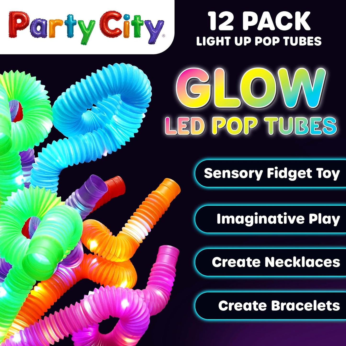 Party City 12pk LED Light Up Pop Tubes 25”- 3 Mode Stretchy Tubes LED Light Up Toys Bulk Glow Sticks Party Favors for Kids Necklaces Bracelets Neon Glow in the Dark Supplies Fidget Sensory Tube Pack