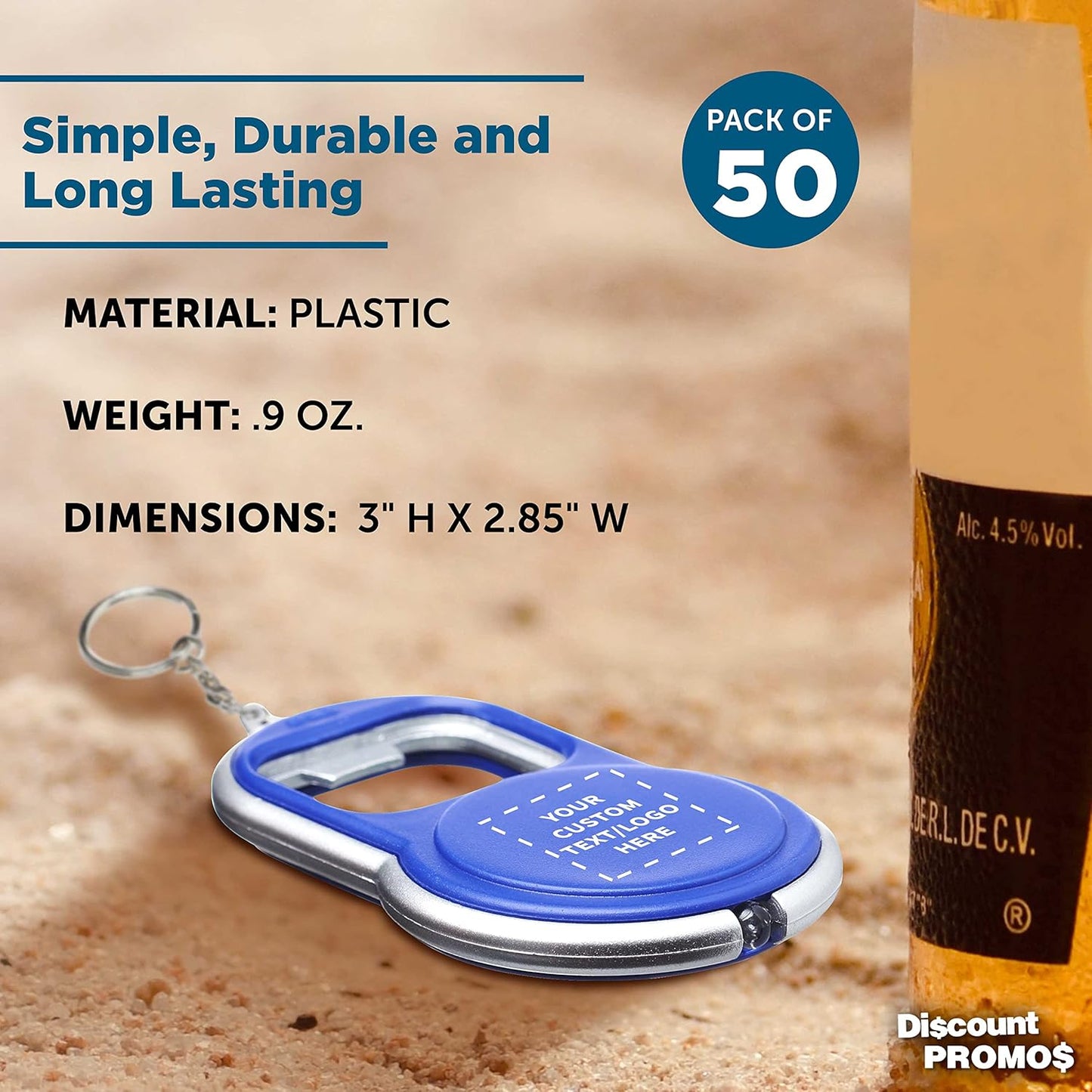 DISCOUNT PROMOS Custom Bottle Opener & LED Keychains Set of 50, Personalized Bulk Pack - Perfect for Tradeshows, Party Favors, Other Events - Blue