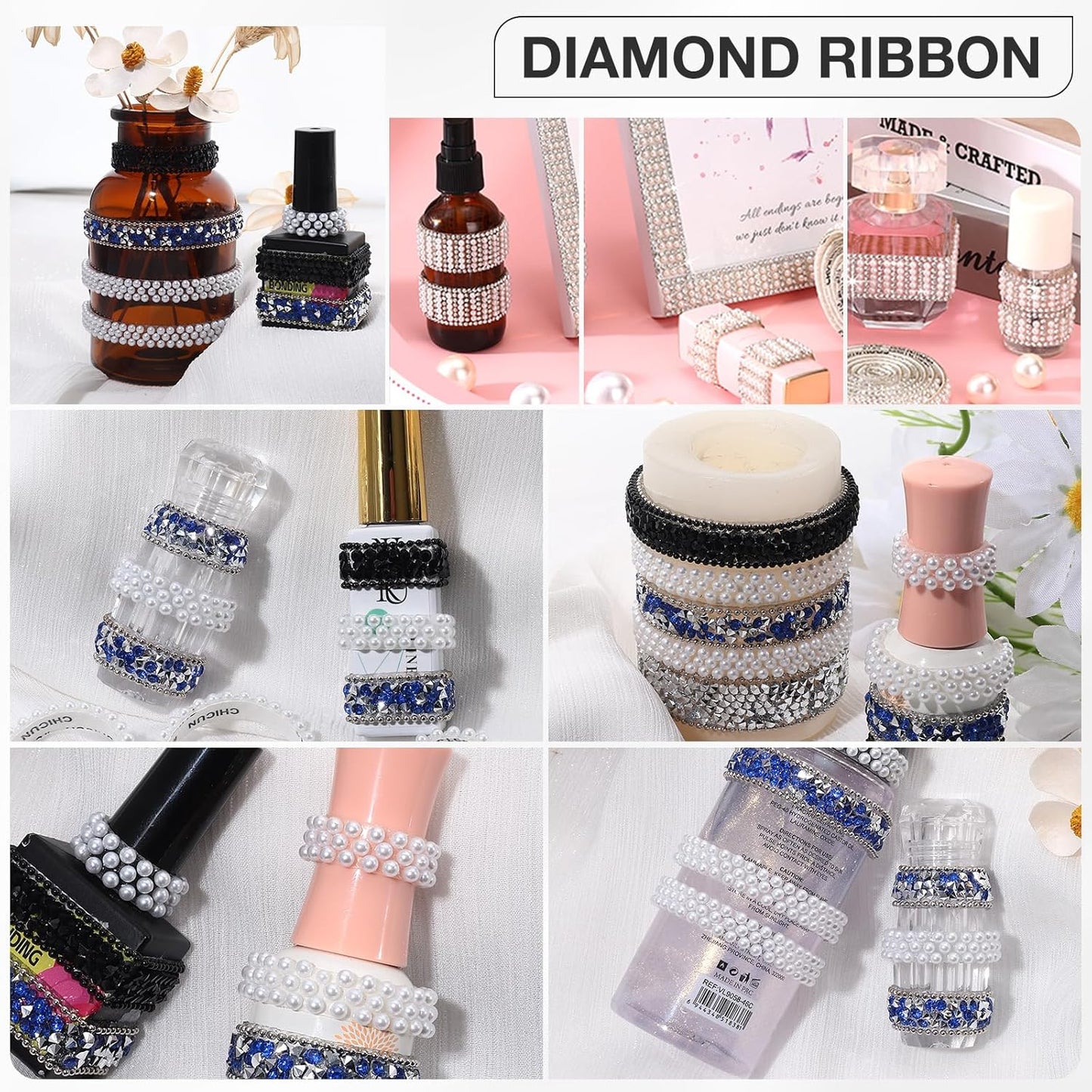 White Pearls Ribbon 3 Yards Self Adhesive Pearls Strips Diamond Ribbon Sticker Crystal Roll Glitter Bling Rhinestones Tape for Crafting DIY Art Decoration (0.4 Inch)