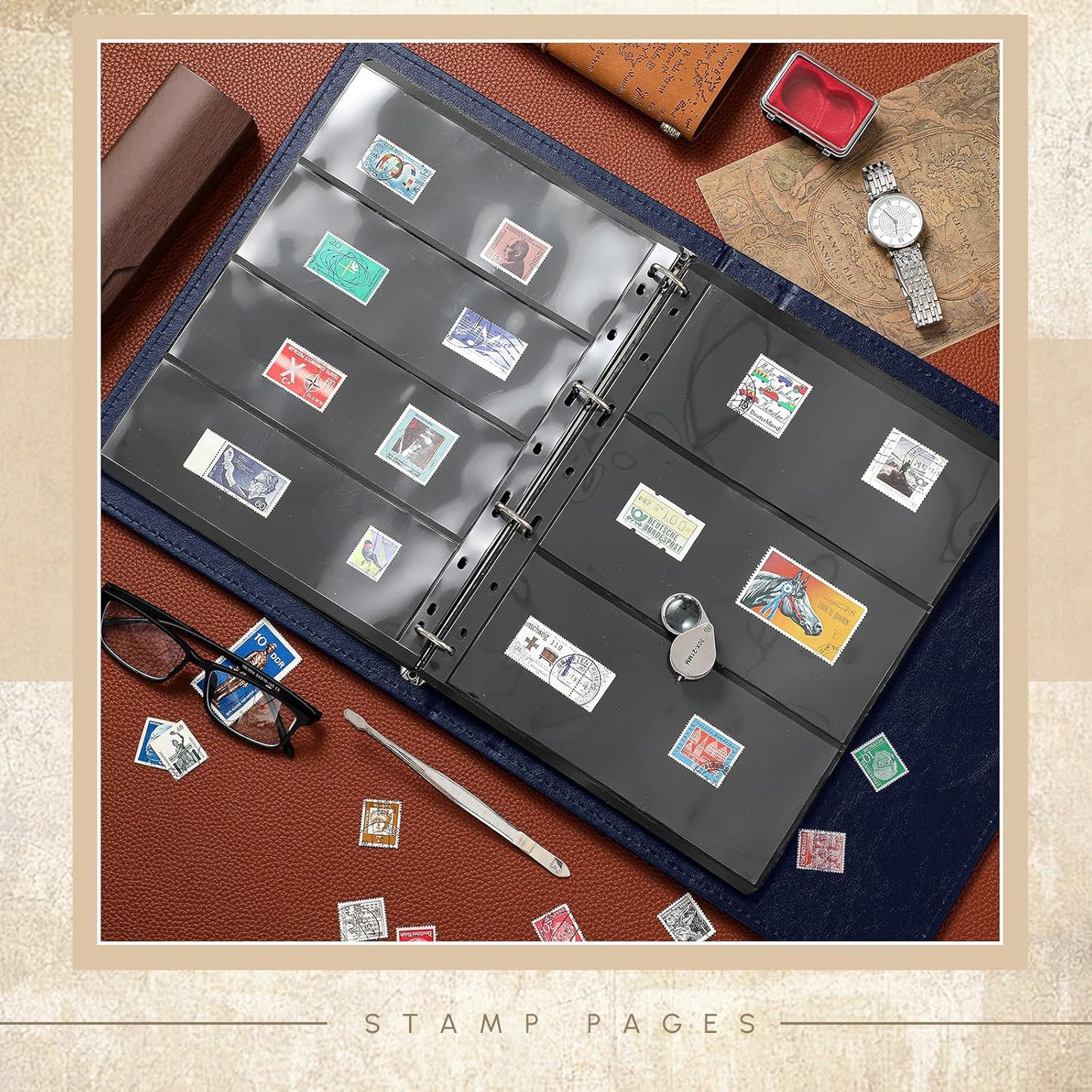 Lewtemi Stamp Collecting Albums Set Stamp Collection Book Include 20 Pages Album Binder Tweezer and Loop Magnifier Collecting Supplies for Collectors(Blue,1/2/3/4 Rows)