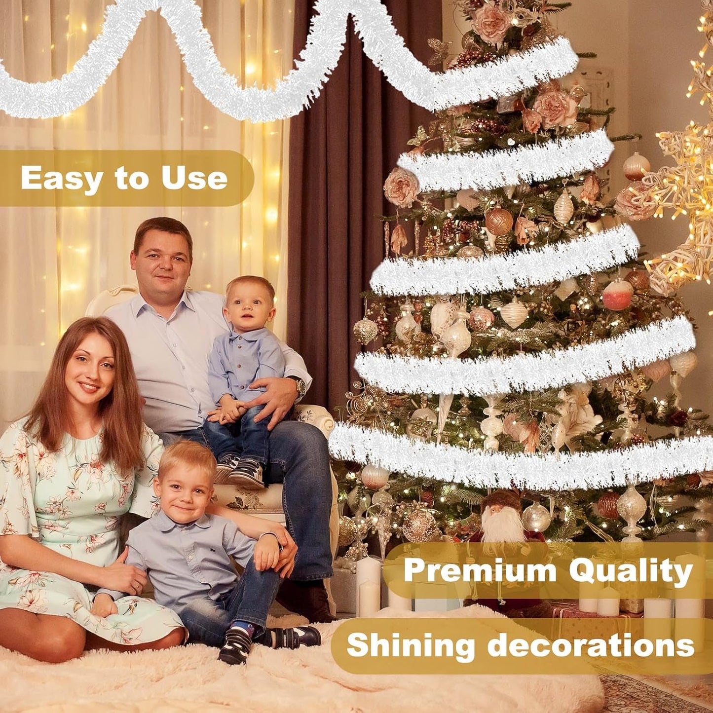 25 Feet Macaron White Christmas Tinsel Garland, Metallic Foil Twist Banner Wall Hanging Tinsel Streamers Backdrop for Parade Floats, Christmas, Mother's Day, Birthday Party Decorations(4in x 25ft)