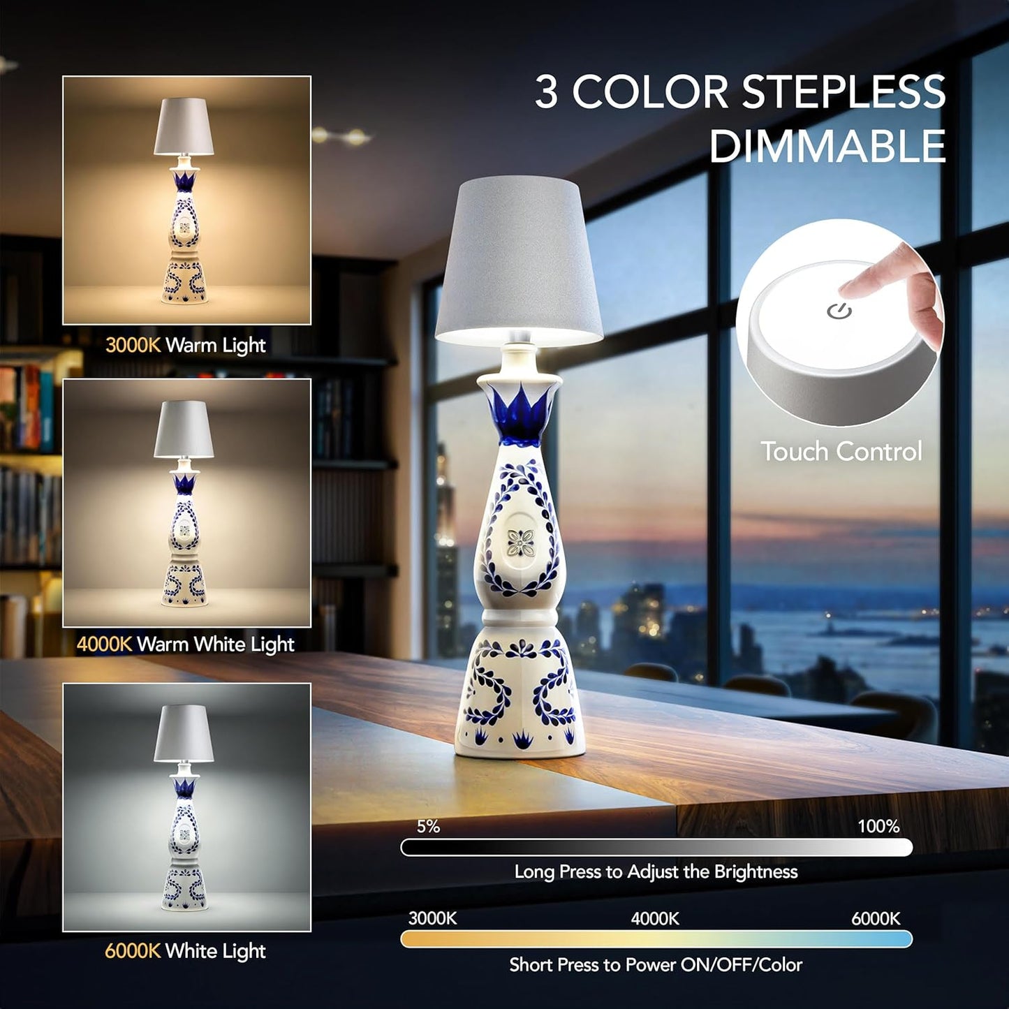 Wireless LED Bottle Lamp - 100% Waterproof, Adjustable Brightness & Light Temperature 3000-6000K, Rechargeable (Mat Gold)