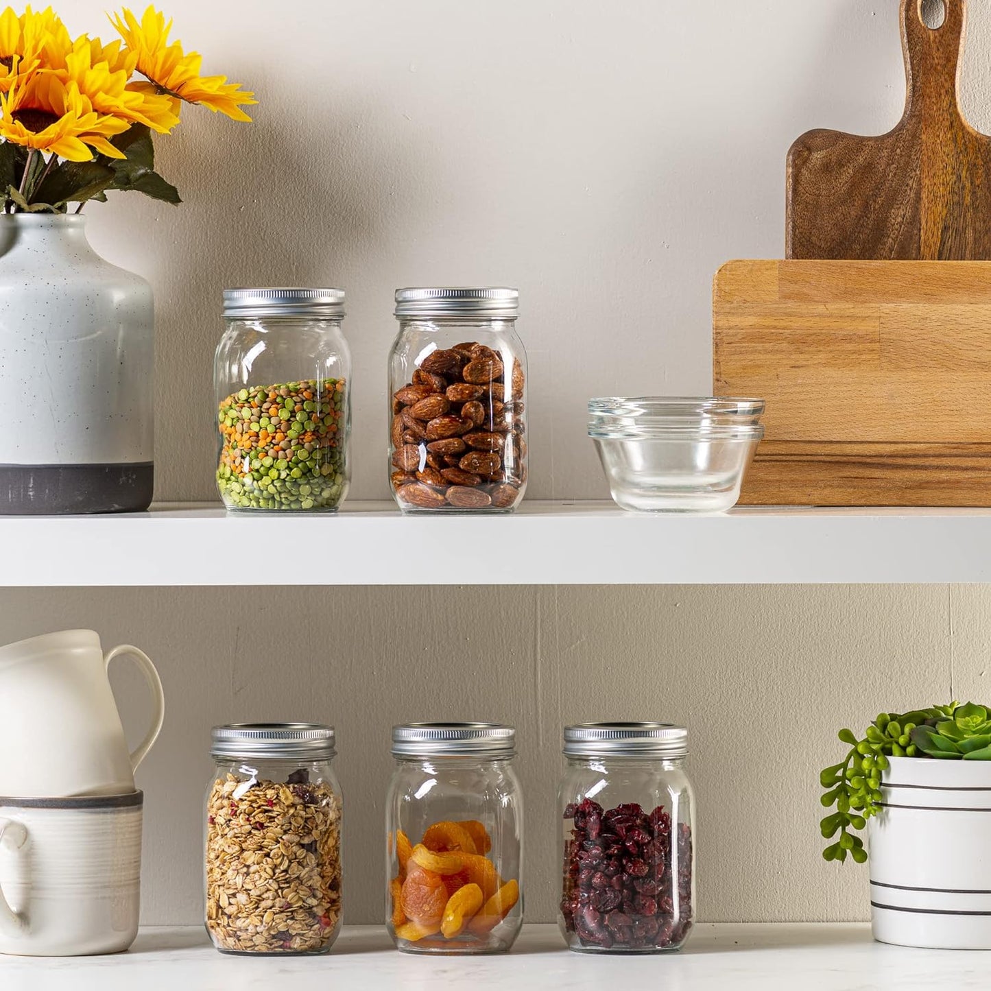 [6 Pack] 16 oz. Regular-Mouth Glass Mason Jars with Metal Airtight Lids and Bands for 1 Pint Canning, Preserving, & Meal Prep