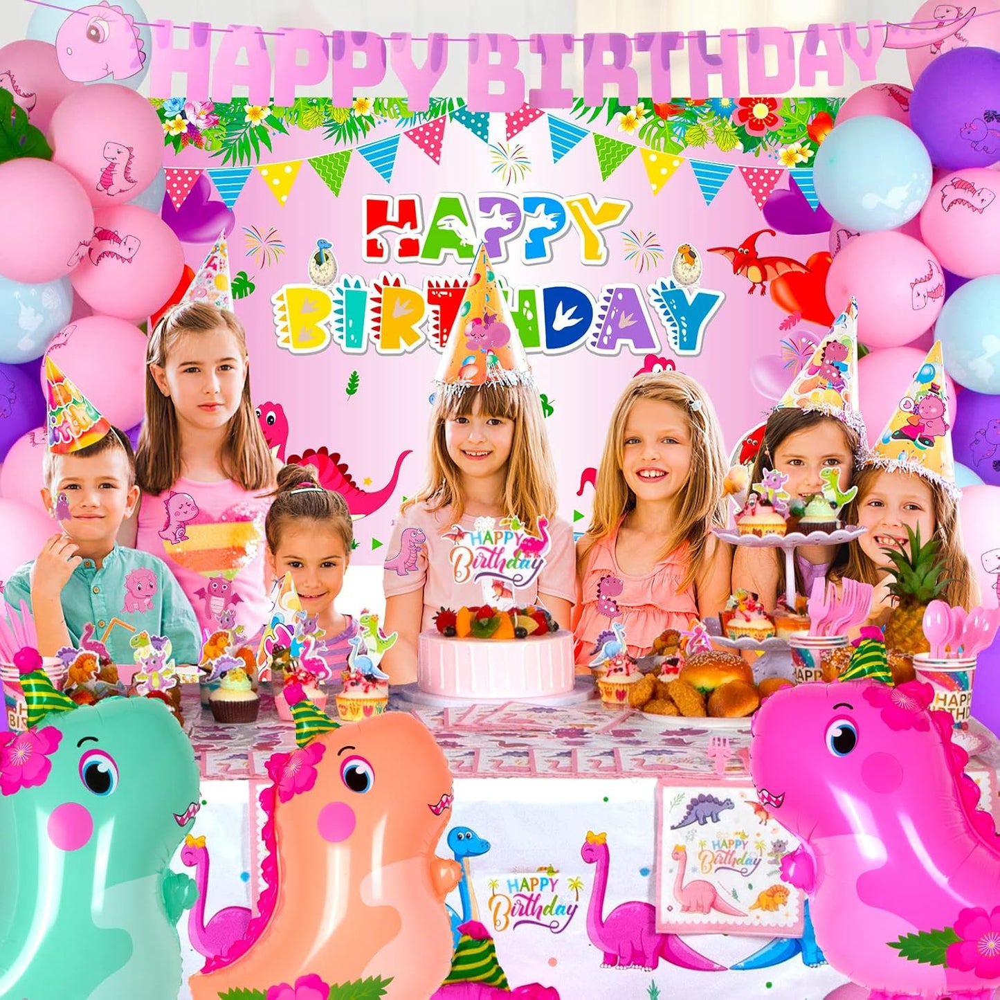 194 PCS Pink Dinosaur Party Decorations for Girls, Dinosaur Birthday Party Supplies Includes Dino Balloons, Backdrop, Happy Birthday Banner, Tablecloth, Plates, Napkins, Cake Toppers