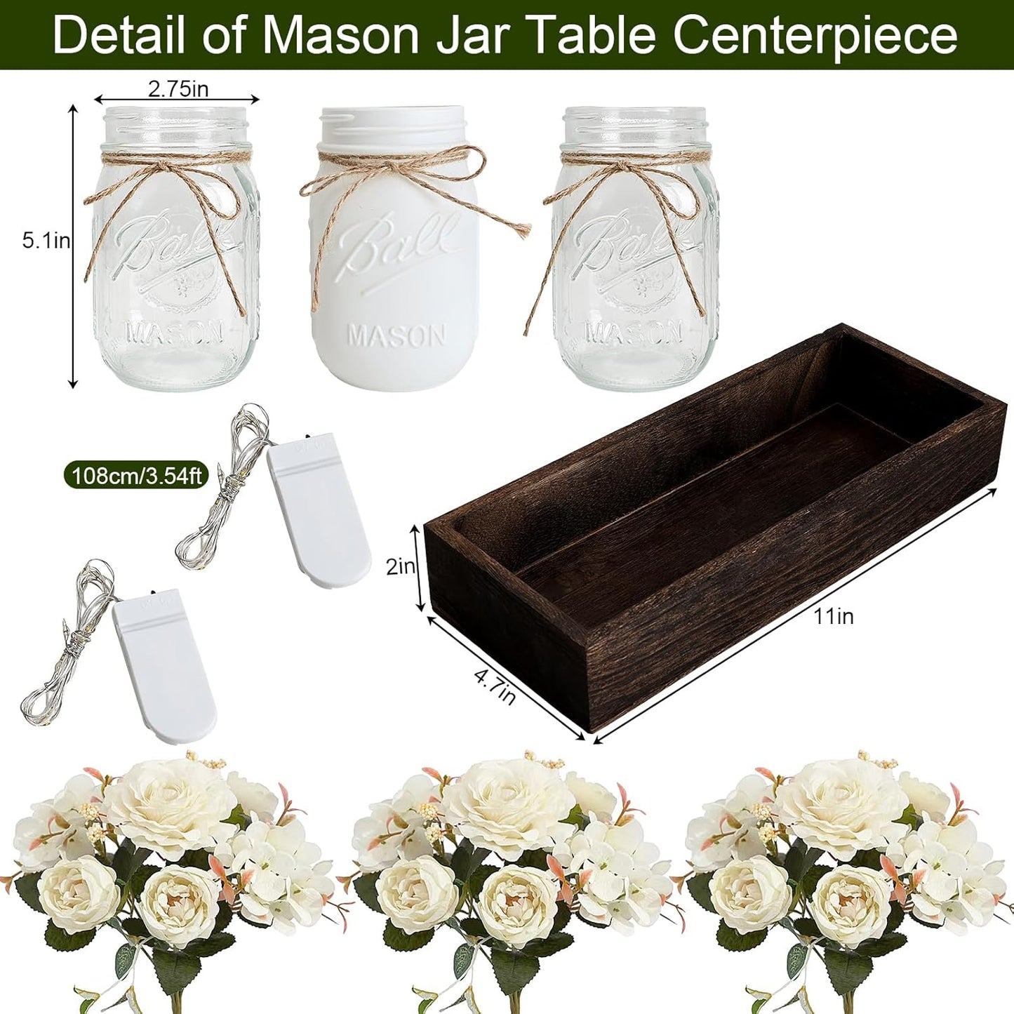 Mason Jar Lights Centerpiece for Table, Mason Jar Centerpiece Table Decor for Dining Room Farmhouse Coffee Table Decor with Wood Tray Fairy Lights Fake Peony Flowers for Kitchen Living - Ivory